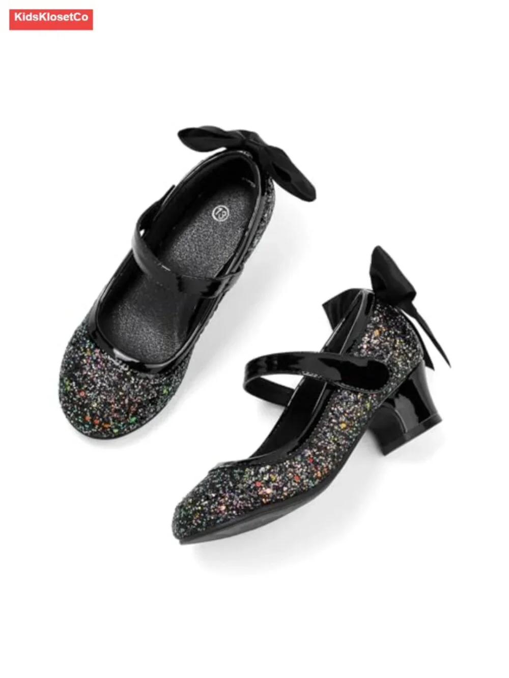 Girls Glitter Mary Jane Heels Low Block Heel Hook Loop Princess Dress Shoes